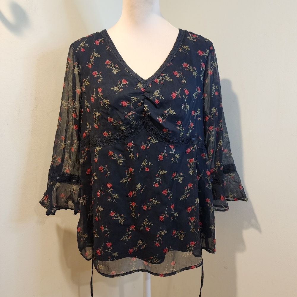 Motherhood Maternity Floral V-Neck Sheer Blouse - Black with Red Rose Print L